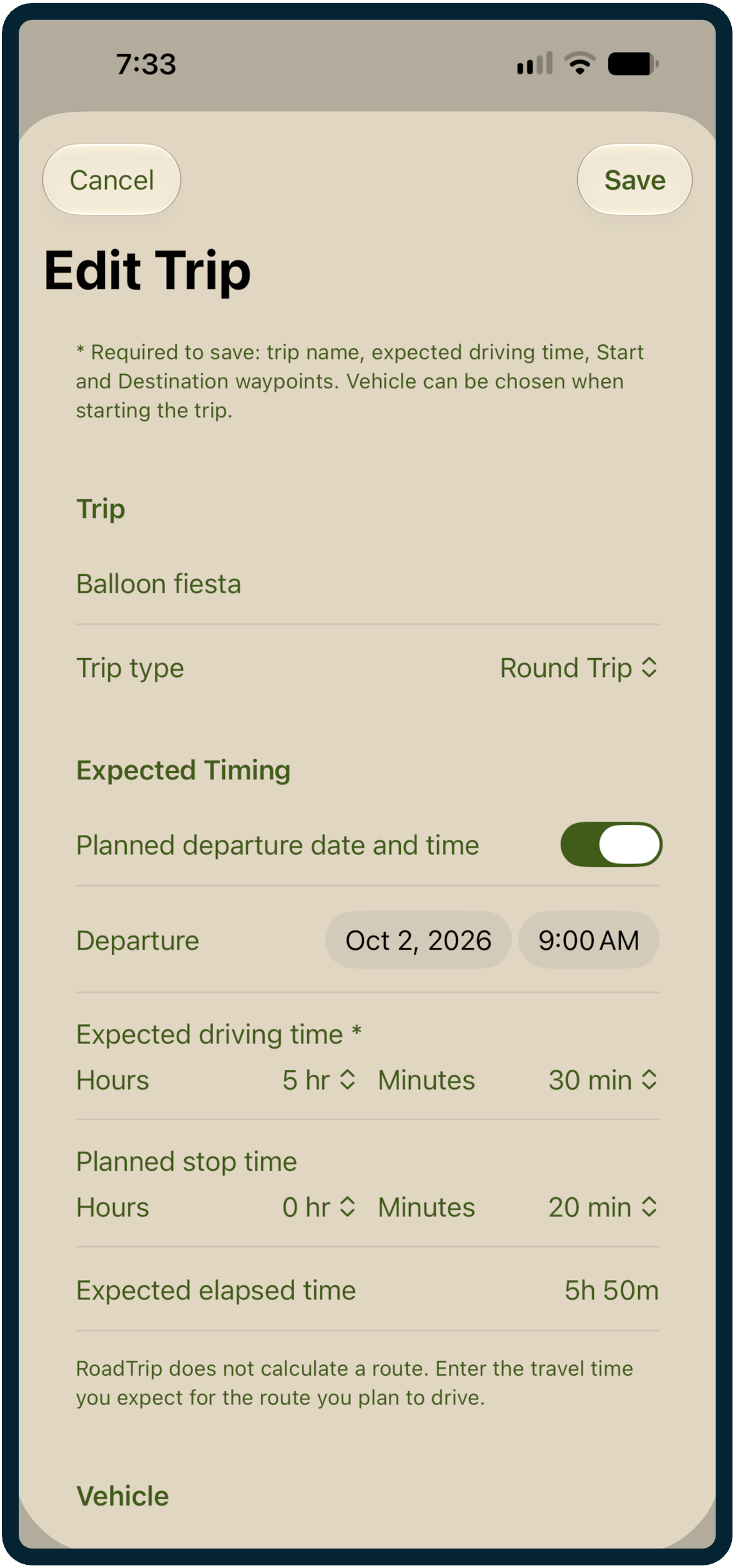 Trip planning and expected timing screen