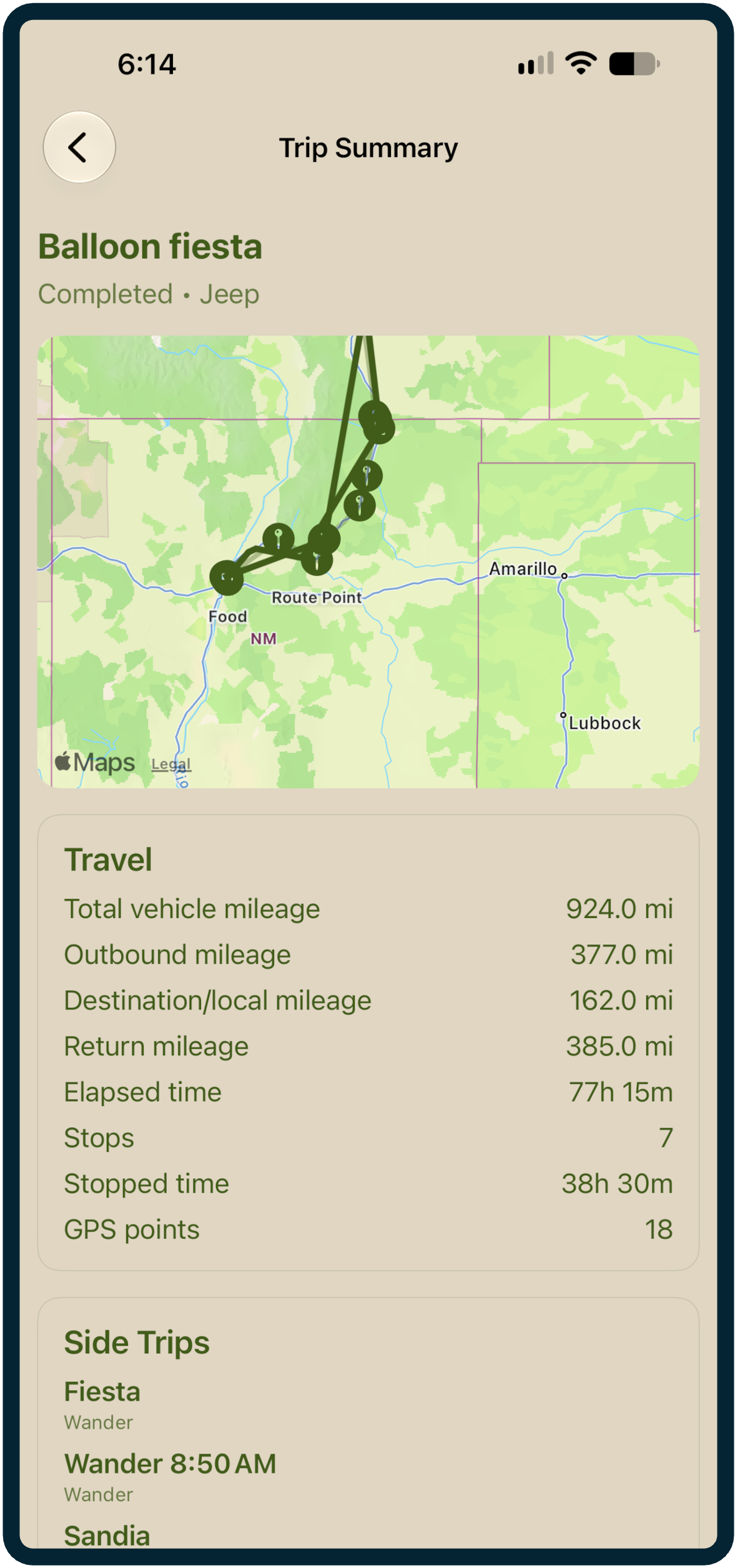 Completed trip route map and outbound summary