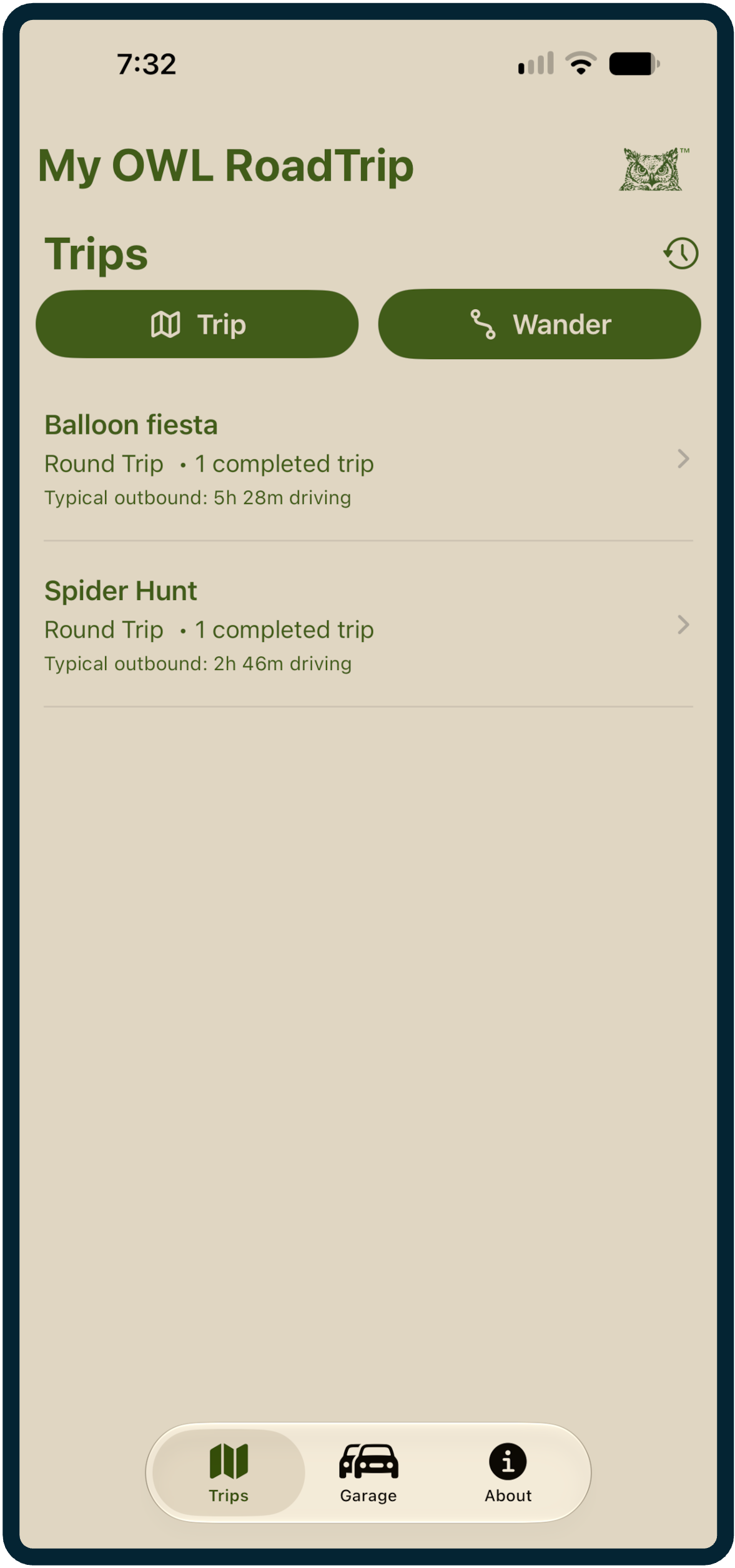 Trip list with Trip and Wander choices