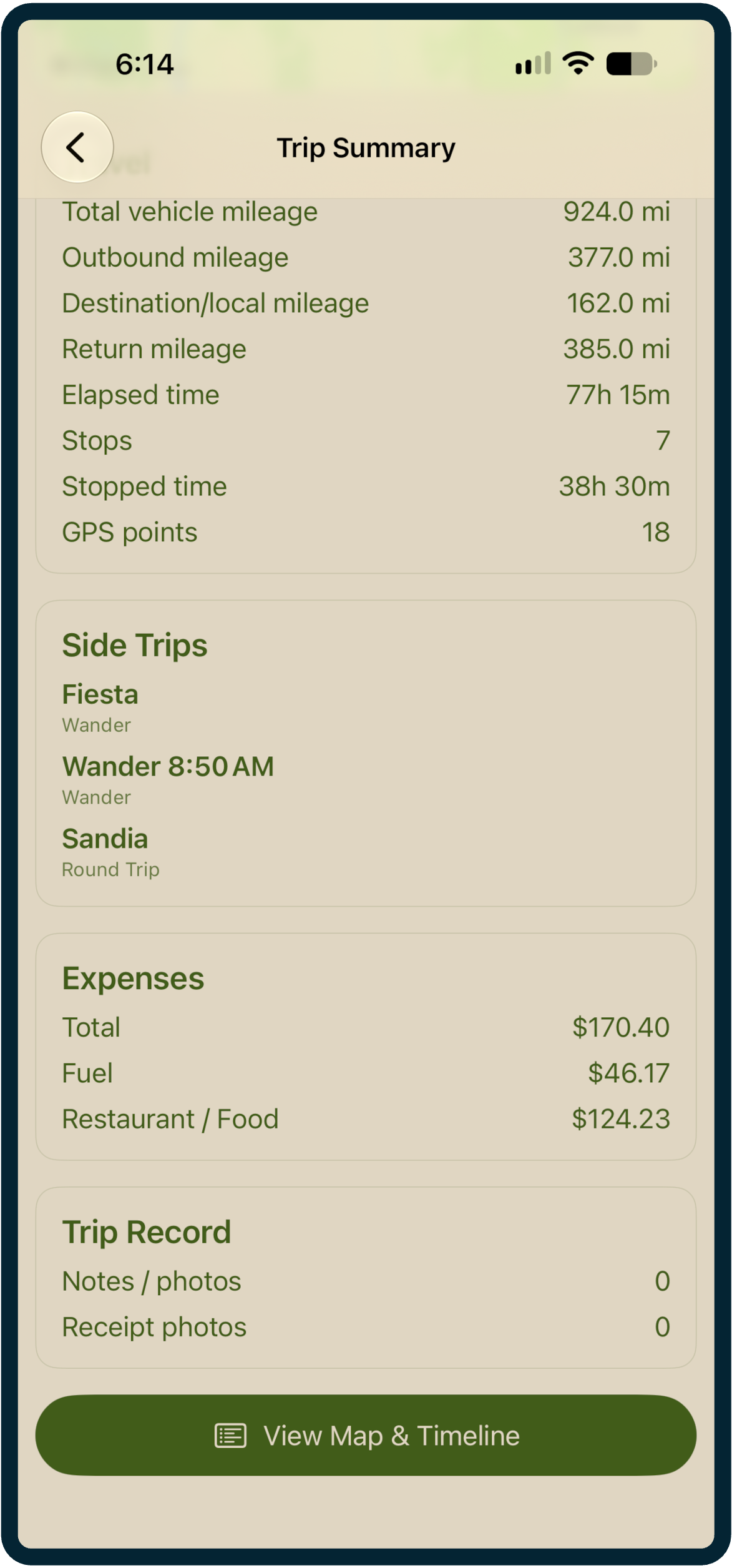 Trip summary with side trips and recorded expenses