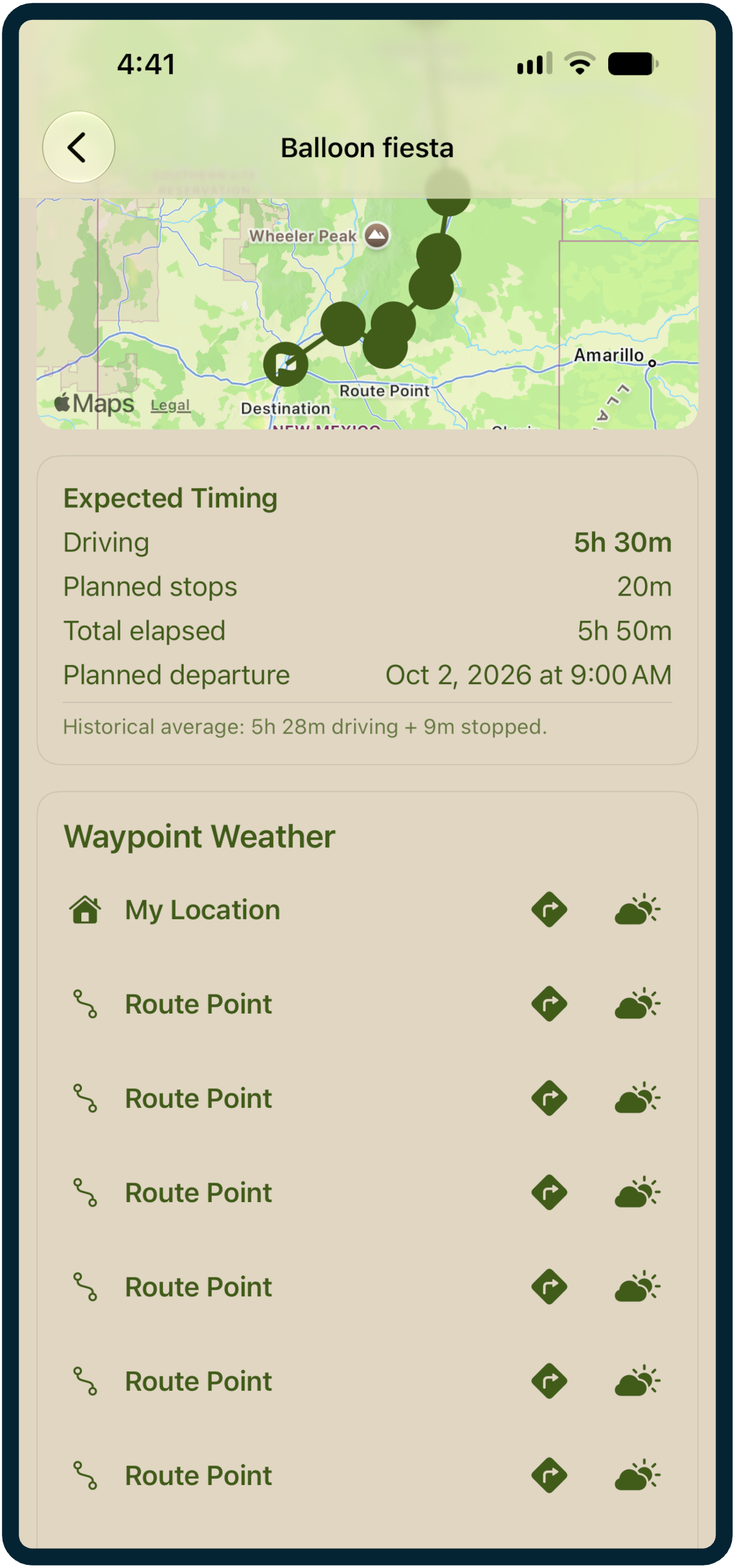 Trip waypoints with weather-check actions and expected timing